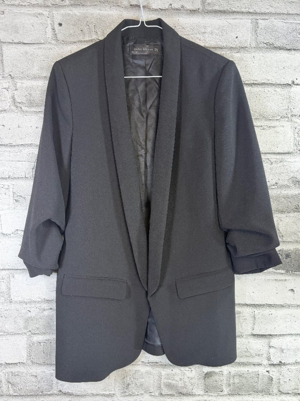 Zara Woman Small Black Open Front Shawl Collar Ruched Sleeve Blazer Jacket